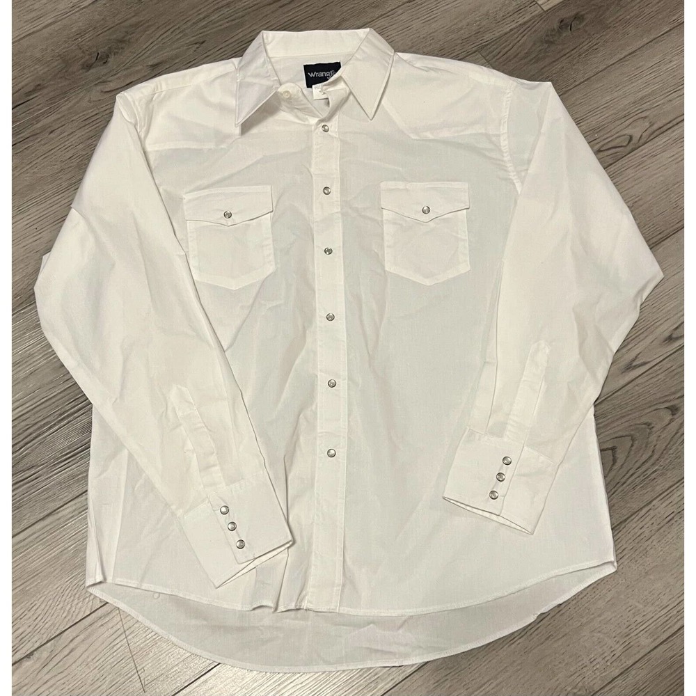 VTG Wrangler Pearl Snap White Button Down Long Sleeve Shirt Size XL